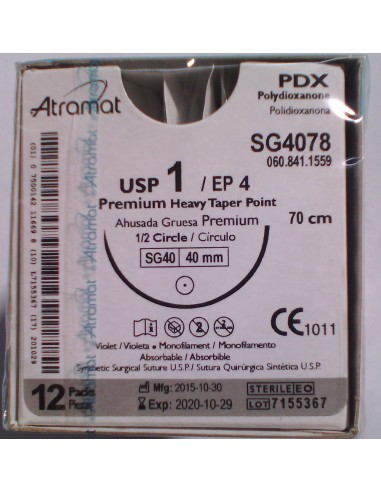 SUTURA  PDX polidioxanona Abs violeta Atramat 1 aguja cilindrica 1/2  40mm Hebra 70 cm 12 und(P.E)