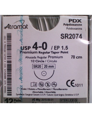 SUTURA  PDX polidioxanona Abs violeta Atramat 4/0 aguja cilindrica 1/2  20mm Hebra 70 cm 12 und