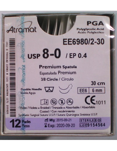 SUTURA  PGA (Ac.polig)Abs violeta Atramat 8/0 doble aguja 3/8, ESPATULADA Hebra 30 cm 12 u