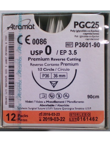 SUTURA  PGC25 (Polic-Ac.polig)Abs viole Atram 0 aguja triang 1/2  36 mm Hebra 90 cm 12 und