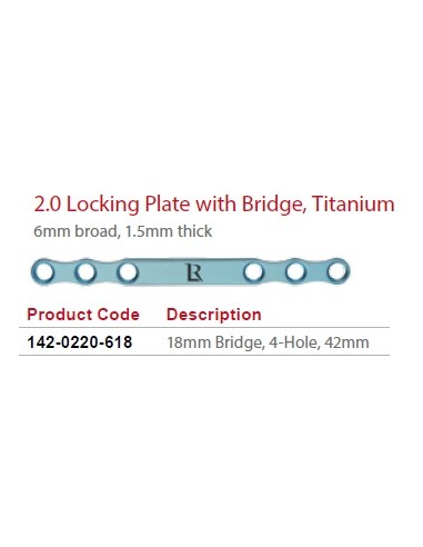 Leilox Locking Boneplate with 18 mm bridge,2.0mm, 6mm, broad, 1.5mm thick,4-holes,42mm,titan,monoax.