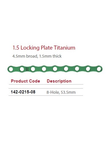 Leilox Locking Boneplate, 1.5mm, 5mm broad 1.5mm thick, 8-holes,53.5mm, titanium, monoaxial