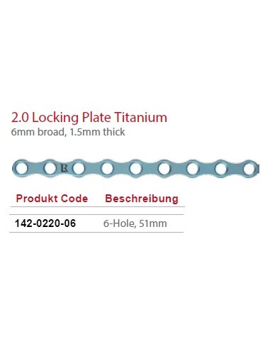 Leilox Locking Boneplate, 2.0mm, 6mm broad,  1.5mm thick, 6-holes, 51mm, titanium, monoaxial