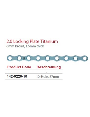 Leilox Locking Boneplate, 2.0mm, 6mm broad,  1.5mm thick, 10-holes, 87mm, titanium, monoaxial