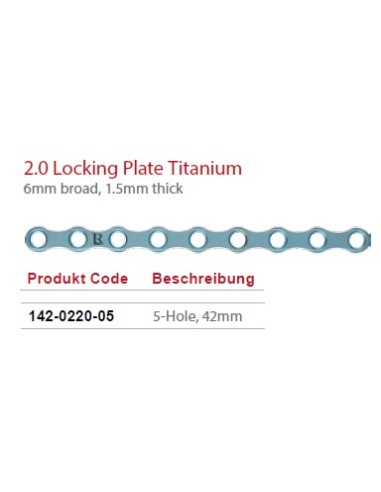Leilox Locking Boneplate, 2.0mm,6mm broad, 1.5mm thick, 5-holes, 42mm, titanium, monoaxial