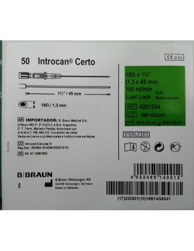 CATETER INTROCAN 18G VERDE LARGO SIN ALAS 50 UDS 1 3/4 1.3 X 45 MM