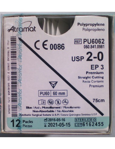 SUTURA POLIPROPILENO Atramat 2/0 agj. recta  triang. 60mm Hebra 75 cm 12 und premiun