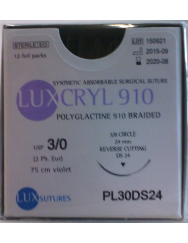 SUTURA LUXCRYL 910 POLIGLACTIN  EP 2 USP 3/0  TRIANG 3/8 CIR 24MM 75CM 12 UDS