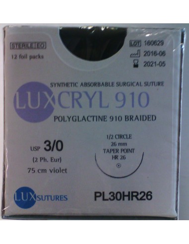 SUTURA LUXCRYL 910 POLIGLACTIN EP2 USP 3/0  CILINDRICA 1/2 CIR 26MM 75CM 12UDS