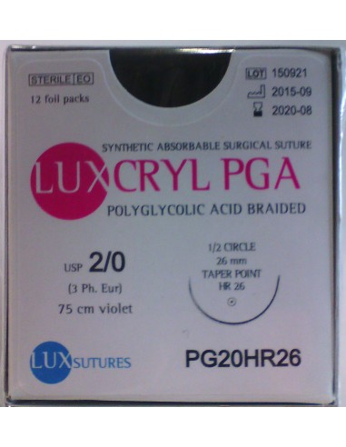 SUTURA LUXCRYL PGA  POLIGLI EP 3 USP 2/0  CILINDRICA 1/2 CIR 26MM 75CM 12 UDS