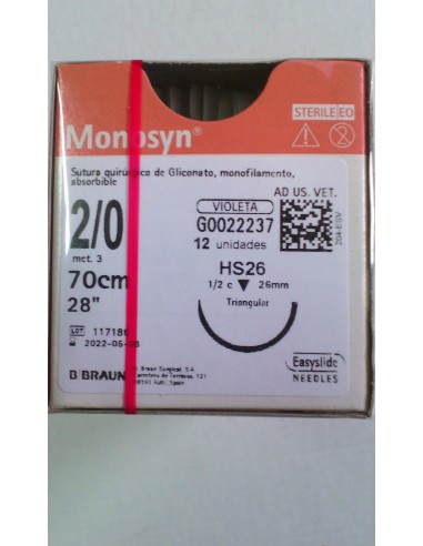 SUTURA MONOSYN VIOLET 2/0 HS26 70 CM 12UD 1/2 26mm triangular