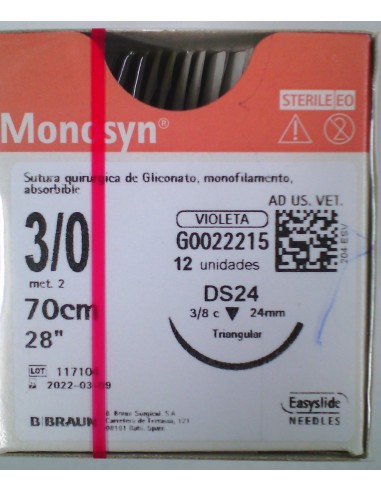 SUTURA MONOSYN VIOLET 3/0 DS24 70cm 12 UD.3/8 24 mm triangular 