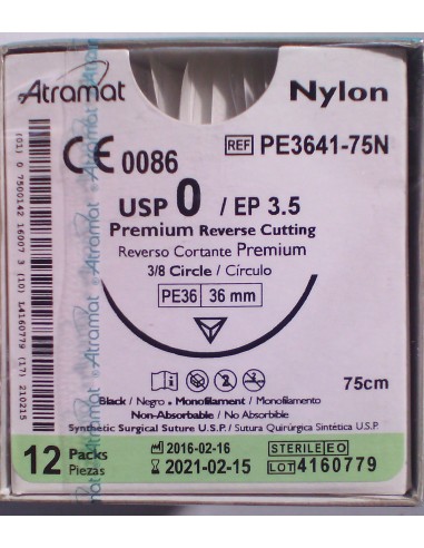 SUTURA NYLON Atramat 0 aguja triang 3/8 36 mm Hebra 75 cm 12 und PREMIUM