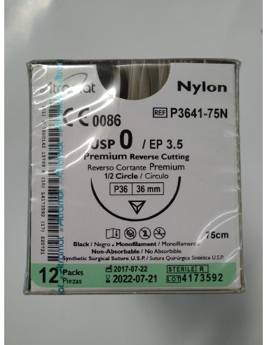 SUTURA NYLON ATRAMAT 0 NEGRO aguja triangular 1/2 36 mm 75 cm 12 uds