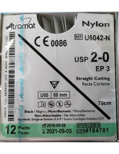 SUTURA NYLON Atramat 2/0 AGUJA RECTA triang 60mm Hebra...