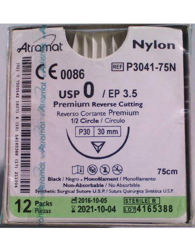 SUTURA Nylon monofil NO Abs negro Atramat  0 aguja triang 1/2  30mm Hebra 75 cm 12 und PREMIUM