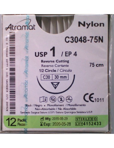 SUTURA Nylon monofil NO Abs negro Atramat 1 aguja triang 1/2 30mm Hebra 75 cm 12 und