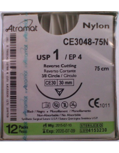 SUTURA Nylon monofil NO Abs negro Atramat 1 aguja triang 3/8 30mm Hebra 75 cm 12 und