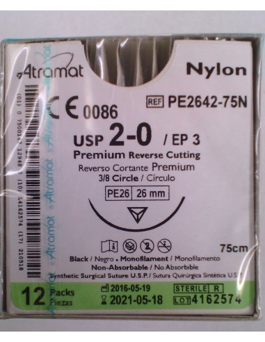 SUTURA Nylon monofil NO Abs negro Atramat 2/0 aguja triang 3/8   26mm Hebra 75 cm 12 UD PREMIUM