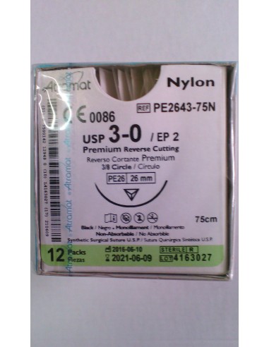 SUTURA Nylon monofil NO Abs negro Atramat 3/0 aguja triang 3/8  26mm Hebra 75 cm 12 und PREMIUM