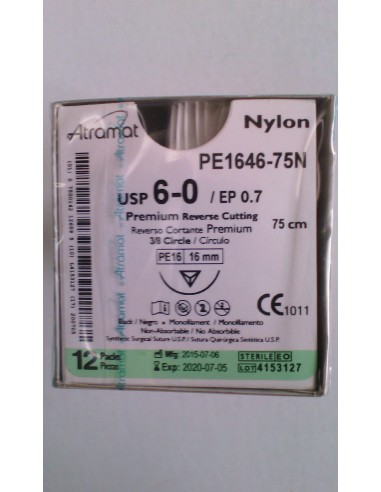 SUTURA Nylon monofil NO Abs negro Atramat 6/0 aguja triang 3/8  16 mm  Hebra 75cm12 und PREMIUM