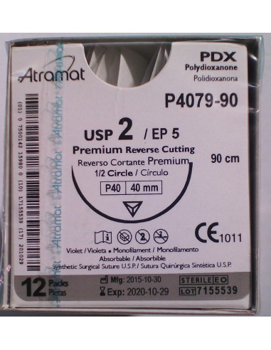 SUTURA PDX polidioxanona Abs violeta Atramat 2 aguja triangular 1/2 40mm Hebra 90 cm 12 und