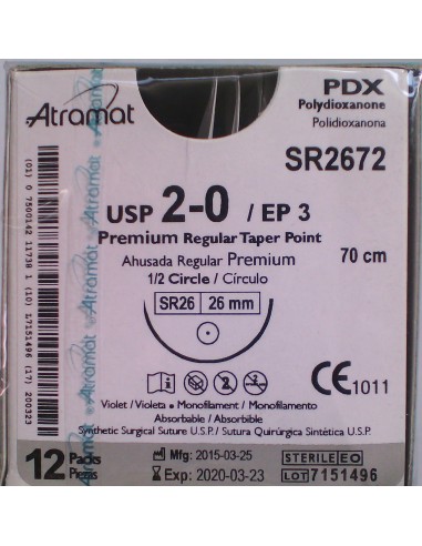 SUTURA PDX polidioxanona Abs violeta Atramat 2/0 aguja cilindrica 1/2  26mm Hebra 70 cm 12 und