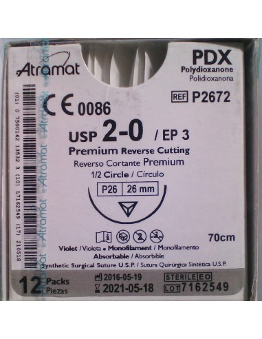 SUTURA PDX polidioxanona Abs violeta Atramat 2/0 aguja triang 1/2  26 mm Hebra 70 cm 12 und