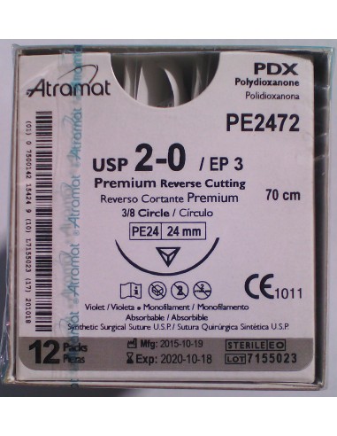 SUTURA PDX polidioxanona Abs violeta Atramat 2/0 aguja triang 3/8  24 mm Hebra 70 cm 12 und