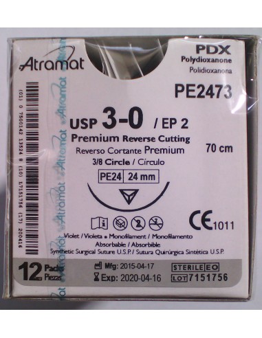 SUTURA PDX polidioxanona Abs violeta Atramat 3/0 aguja triang 3/8 24mm Hebra 70cm 12 und