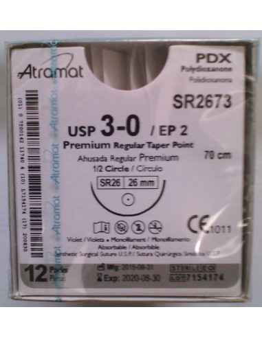 SUTURA PDX polidioxanona Abs violeta Atramat 3/0  aguja cilindrica 1/2  26mm Hebra 70 cm 12 und 