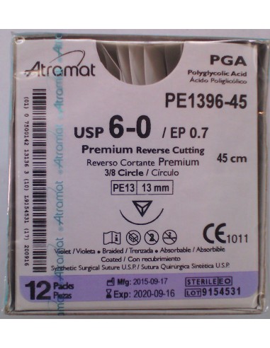 SUTURA PGA (Ac.poliglic)Abs incolo Atram 6/0  aguja 3/8 triangular 13 mm Hebra 45 cm 12 und