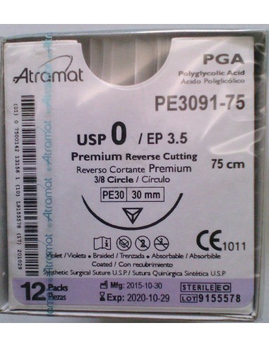 SUTURA PGA (Ac.poliglic)Abs violeta Atramat 0 aguja tria 3/8 30 mm Hebra 75 cm 12 UD PREMIUM