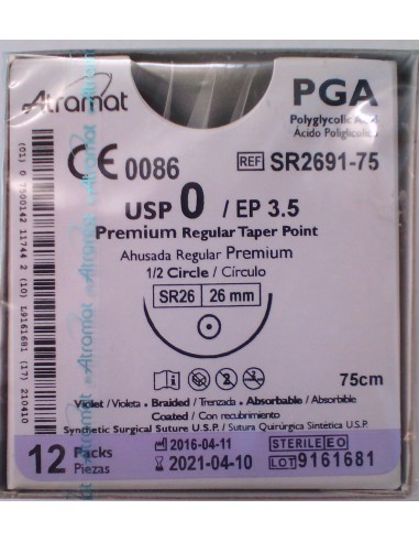 SUTURA PGA (Ac.poliglic)Abs violeta Atramat 0 agj. cilindrica 1/2  26 m Hebra 75 cm 12 und prem.