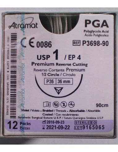 SUTURA PGA (Ac.poliglic)Abs violeta Atramat 1 aguja triang 1/2 36 mm Hebra 90cm 12und PREMIUM