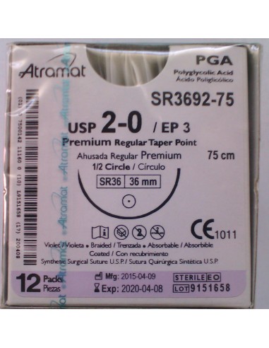 SUTURA PGA (Ac.poliglic)Abs violeta Atramat 2/0 aguja cilindr. 1/2 36 mm Hebra 75 cm 12und PREMIUM