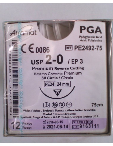 SUTURA PGA (Ac.poliglic)Abs violeta Atramat 2/0 aguja triang 3/8 24 mm Hebra 75 cm 12 ud PREMIUM