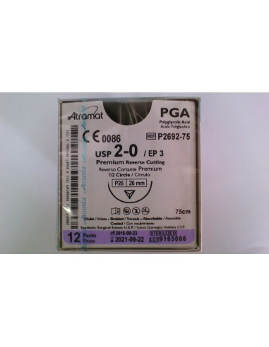 SUTURA PGA (Ac.poliglic)Abs violeta Atramat 2/0 aguja triang 1/2 26 MM Hebra 75 cm 12 UD PREM