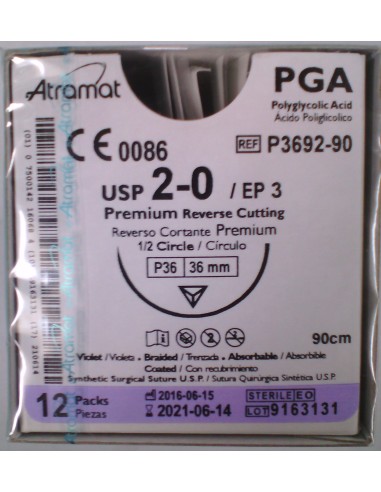 SUTURA PGA (Ac.poliglic)Abs violeta Atramat 2/0 aguja triang 1/2 36 mm Hebra 90cm 12und PREMIUM