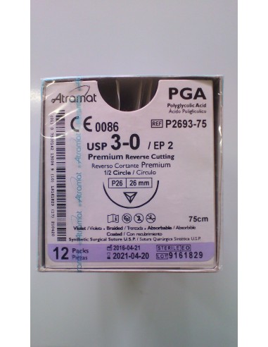 SUTURA PGA (Ac.poliglic)Abs violeta Atramat 3/0 agj. triang 1/2 26mm Hebra 75cm 12 uds PREMIUM