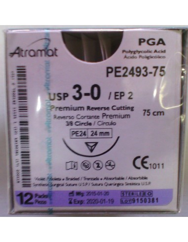 SUTURA PGA (Ac.poliglic)Abs violeta Atramat 3/0 aguja triang 3/8  24 mm Hebra75cm 12und PREMIUM