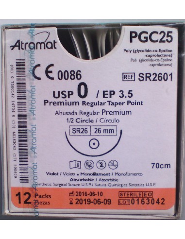 SUTURA PGC25  (Polica-Ac.polig)Abs violeta Atram 0 aguja cillindric 1/2  26 mm Hebra 70 cm 12 und