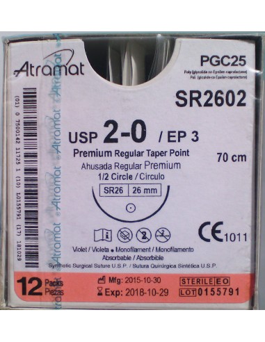 SUTURA PGC25 (Polic-Ac.polig)Abs viole Atram 2/0  aguja cilindr 1/2 26mm Hebra70cm 12und PREMIUM