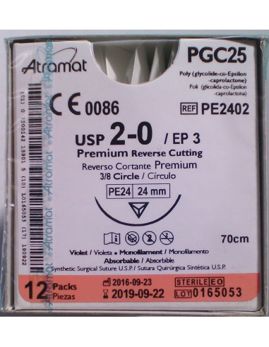 SUTURA PGC25 (Polic-Ac.polig)Abs viole Atram 2/0 aguja triang 3/8  24 mm Hebra 70 cm 12 und