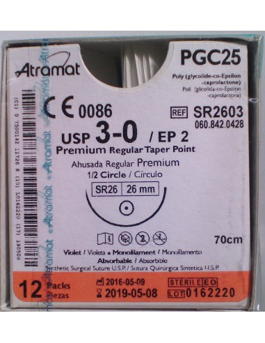 SUTURA PGC25 (Polic-Ac.polig)Abs viole Atram 3/0 aguja cilindric 1/2  26 mm Hebra 70 cm 12 und