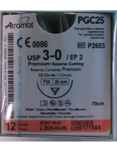 SUTURA PGC25 (Polic-Ac.polig)Abs viole Atram 3/0 aguja triang 1/2 26 mm Hebra 70 cm 12 UD