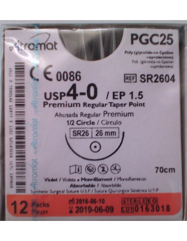 SUTURA PGC25 (Polic-Ac.polig)Abs viole Atram 4/0 aguja cilindric 1/2  26 mm Hebra 70 cm 12 und