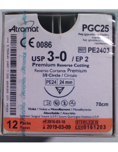 SUTURA PGC25 (Polic-Ac.polig)Abs viole Atram3/0 aguja triang 3/8  24 mm Hebra 70 cm 12 und