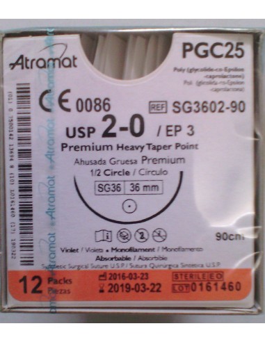 SUTURA PGC25 (Polic-Ac.polig)Abs violet Atr 2/0 aguja cilindrica 1/2  36 mm Hebra 90 cm 12 und