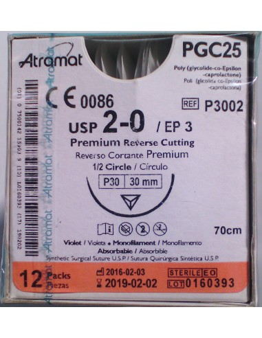 SUTURA PGC25 (Polic-Ac.polig)Abs violet Atram 2/0 aguja triang 1/2  30 mm Hebra 70cm 12und